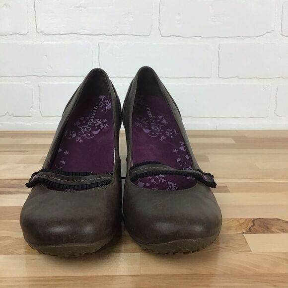 MERRELL brown wedges platform shoes pumps size 8.5 flower’s incrusted details - Picture 5 of 16